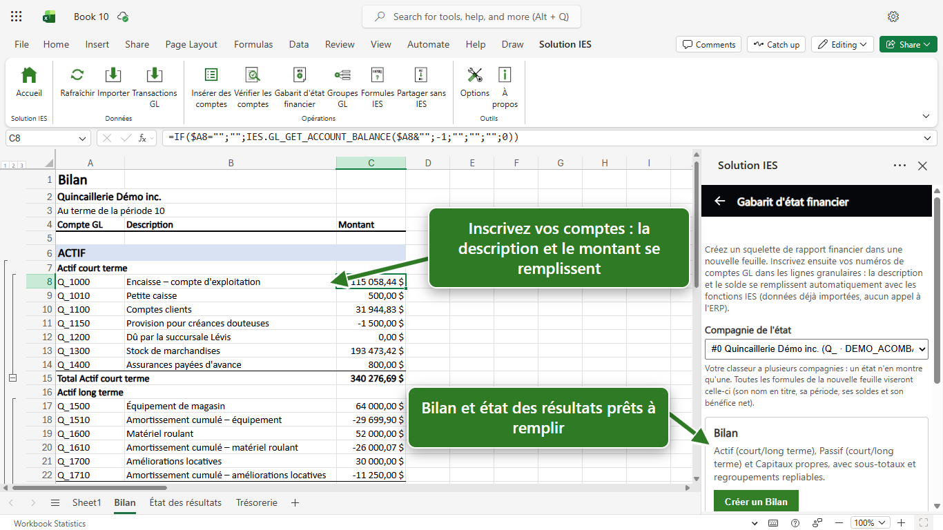Bilan créé avec le gabarit de Solution IES