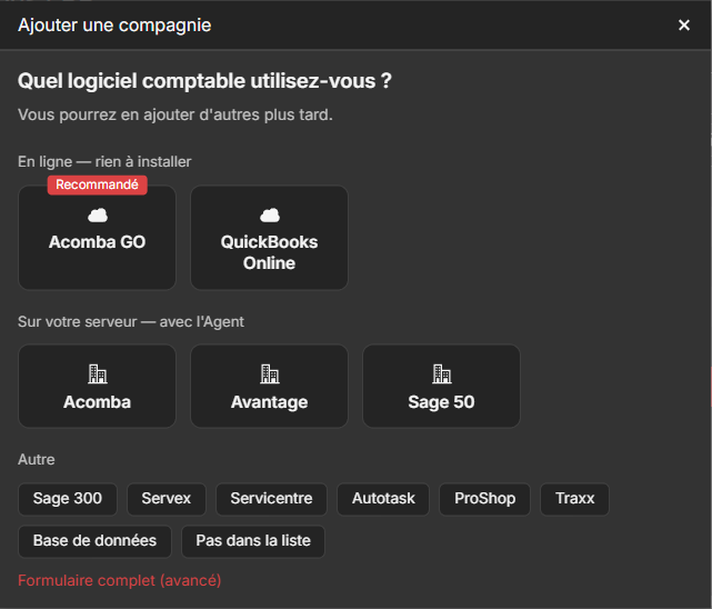 Ajouter une compagnie : choix du logiciel comptable