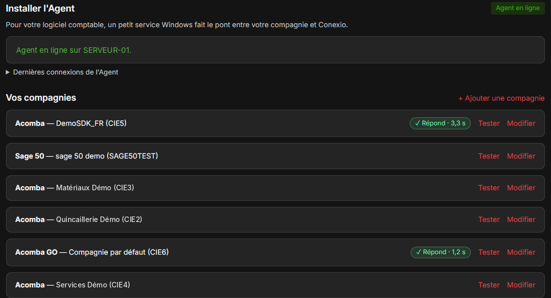 Portail Conexio : Agent en ligne et compagnies Acomba, Sage 50 et Acomba GO avec leur temps de réponse